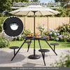 Heavy duty round picnic table for 4 with iron seats and built-in umbrella hole, perfect for outdoor dining.