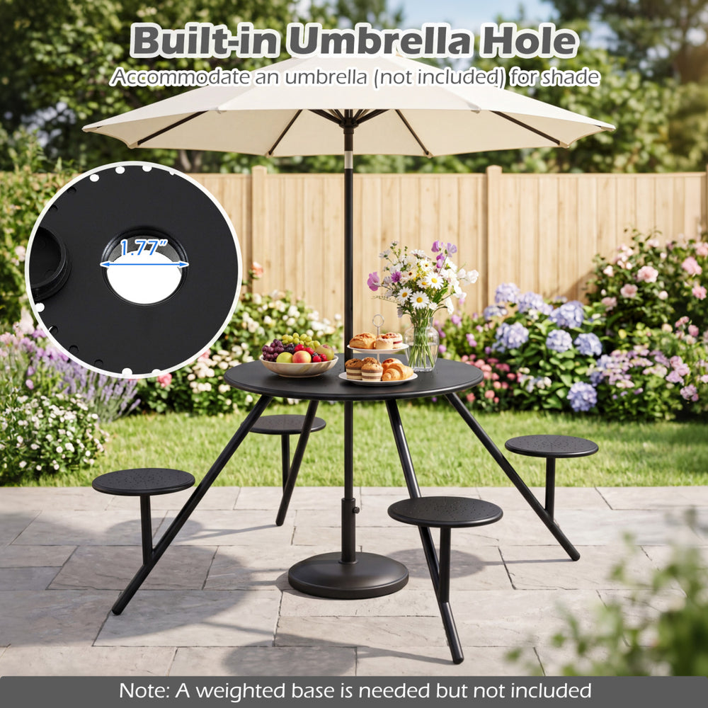 Heavy duty round picnic table for 4 with iron seats and built-in umbrella hole, perfect for outdoor dining.