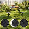 Heavy duty round picnic table for 4 with iron seats, featuring ventilated holes and an umbrella hole, perfect for.