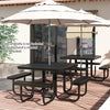 Square black picnic table with benches for 8, featuring an umbrella hole, ideal for patio or garden use.