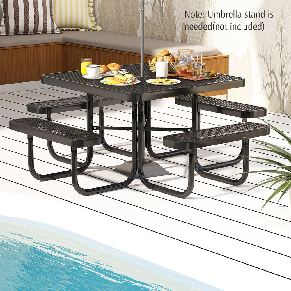 Square black picnic table with four benches, umbrella hole, perfect for outdoor dining and gatherings by the poolside.