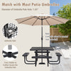 Square black picnic table with umbrella hole, designed for 8 people, suitable for outdoor patio and garden use.