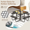 Square picnic table with benches for 8 people, black metal frame, umbrella hole, ideal for outdoor gatherings.