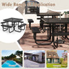 Square picnic table with black coated metal frame and umbrella hole, ideal for poolside, restaurant, or garden use.