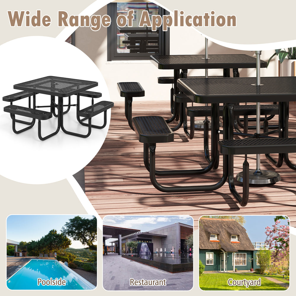 Square picnic table with black coated metal frame and umbrella hole, ideal for poolside, restaurant, or garden use.