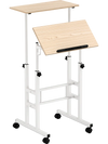Height-adjustable mobile standing desk with split top, ergonomic design, and rolling casters for versatile workspace.