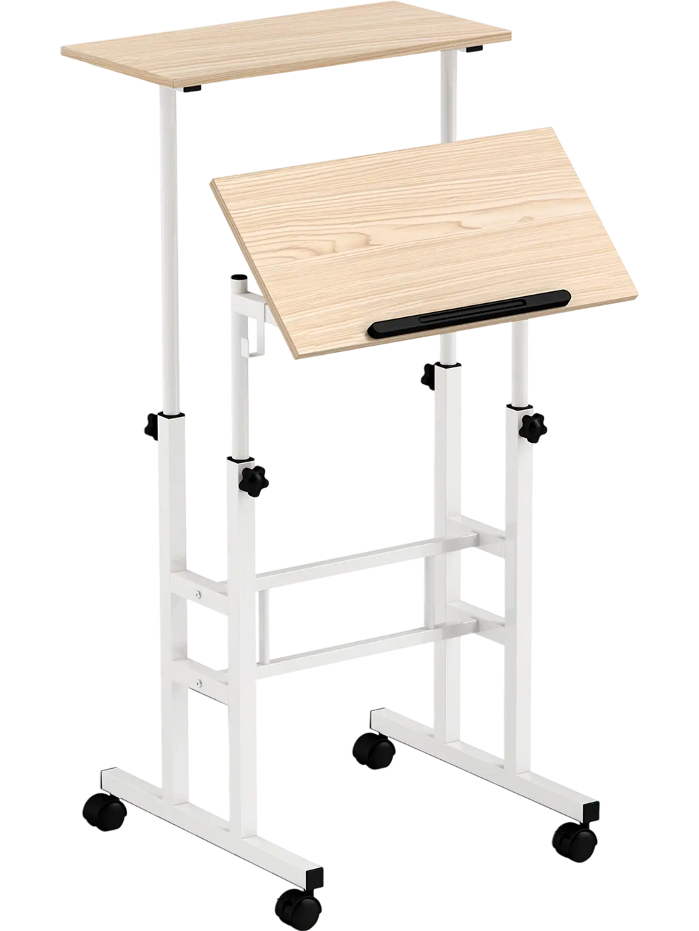 Height-adjustable mobile standing desk with split top, ergonomic design, and rolling casters for versatile workspace.