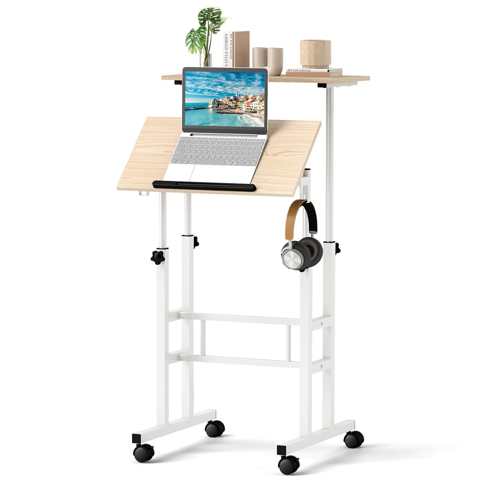 Height-adjustable mobile standing desk with split top, ergonomic design, and casters for easy mobility and versatile.