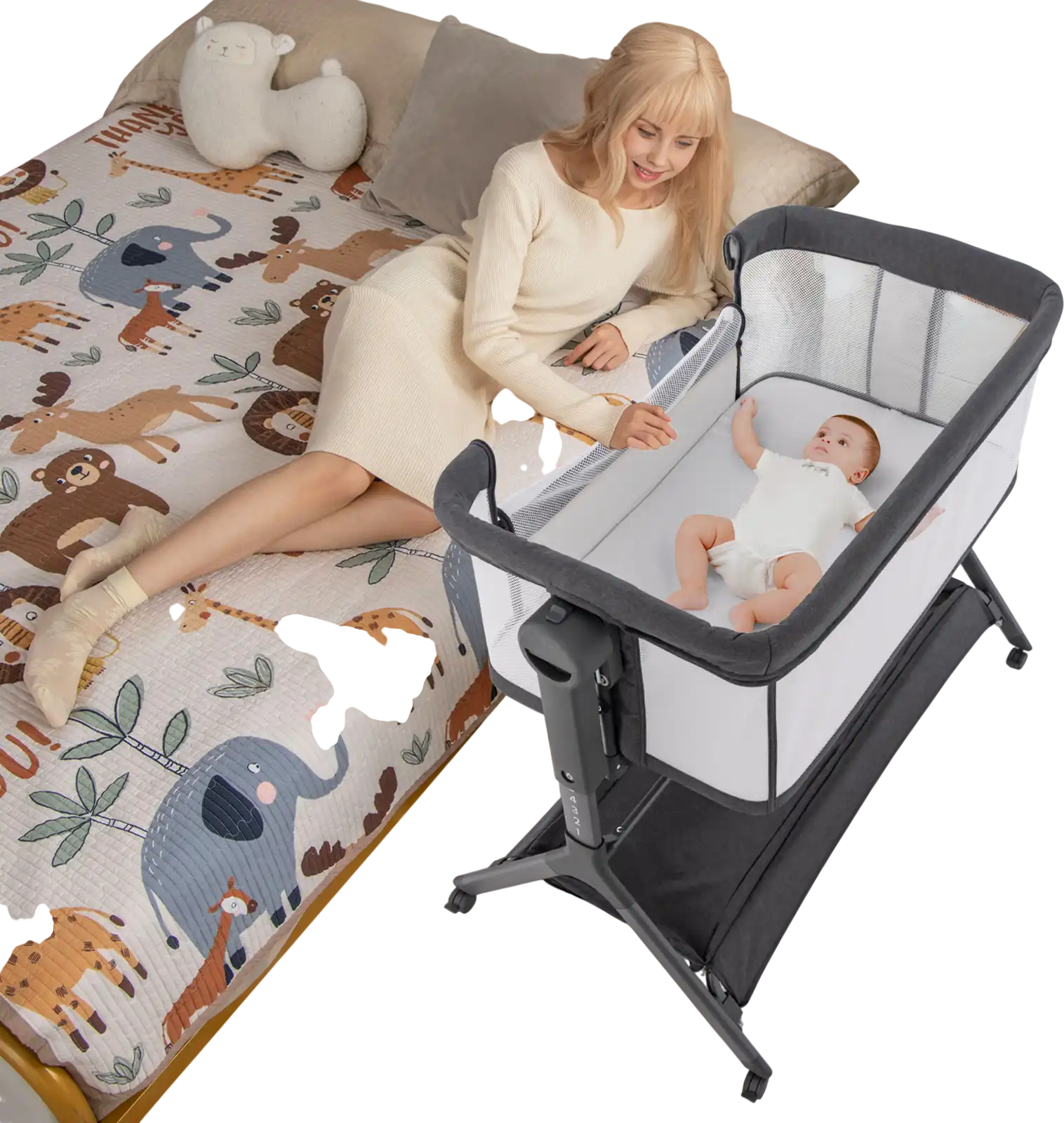 Costway Height Adjustable Bedside Sleeper Bassinet w/ Storage Bag Soft Mattress Gray 59748126 New