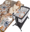 Height adjustable bedside sleeper in gray with soft mattress, featuring a storage bag and breathable mesh for baby.