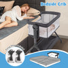 Height adjustable bedside crib in gray with storage bag, soft mattress, and breathable mesh for baby safety and comfort.