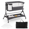 Height adjustable bedside sleeper in gray with storage basket, soft mattress, and detachable mosquito net for baby.