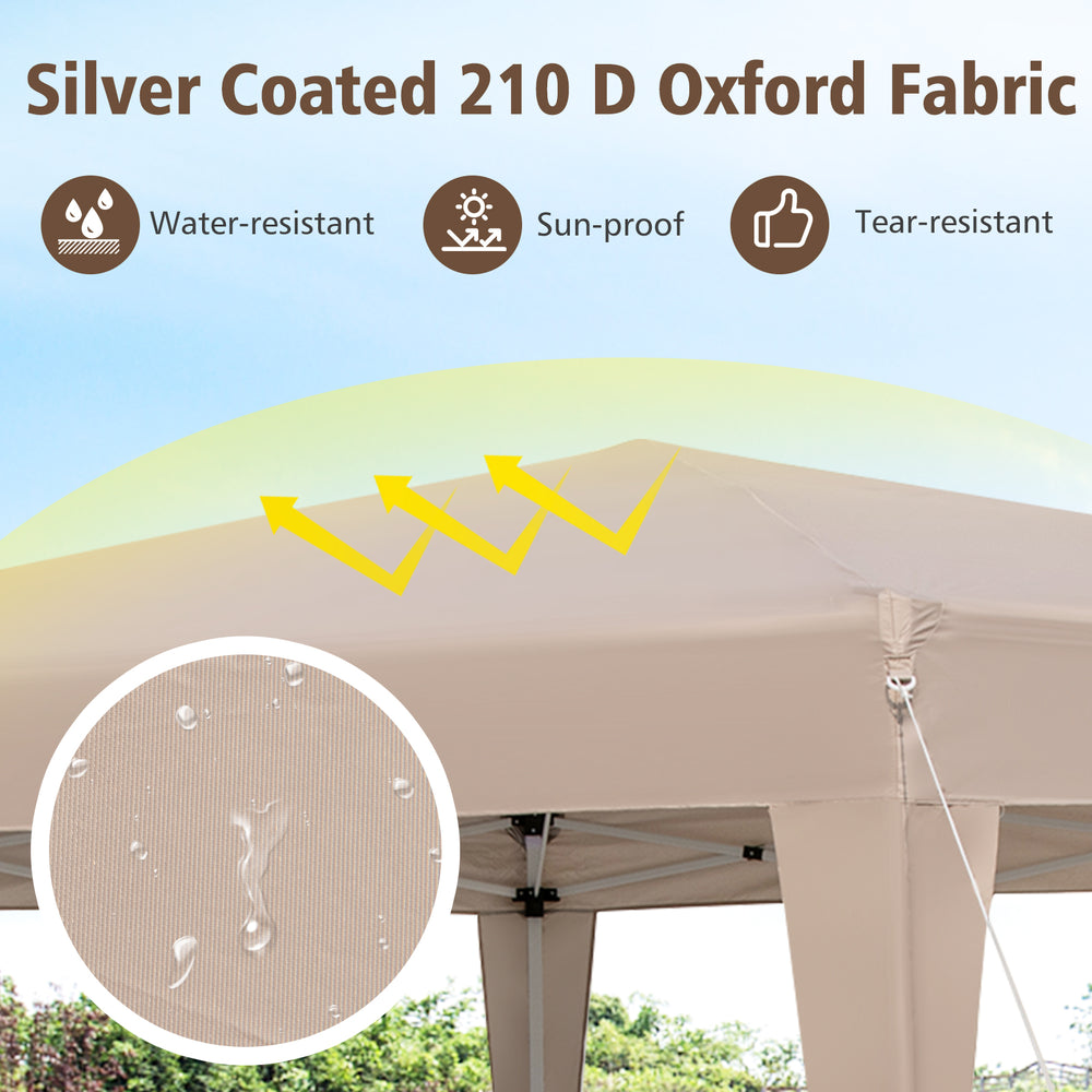 Close-up of the 210D oxford fabric of the khaki canopy tent, showcasing its water-resistant and sun-proof features.
