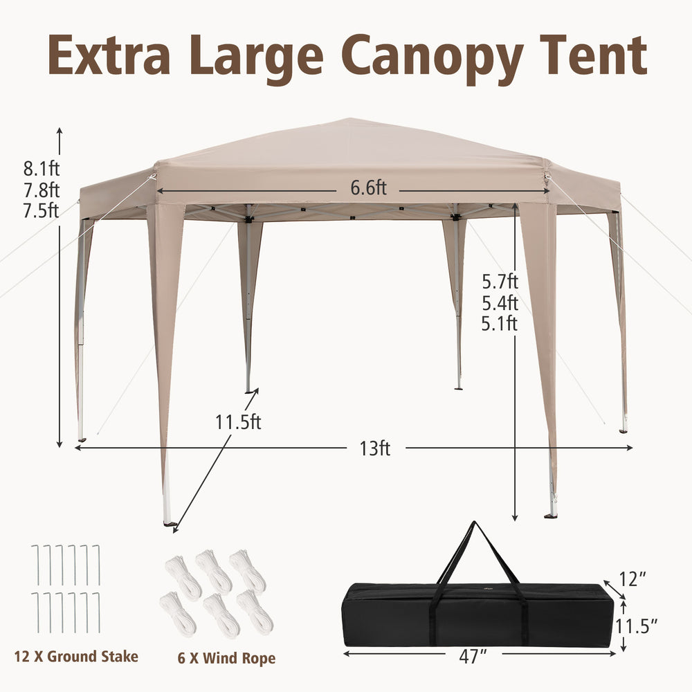 Extra large 13 x 11.5 ft khaki pop-up canopy tent with adjustable height, ideal for camping or outdoor events.