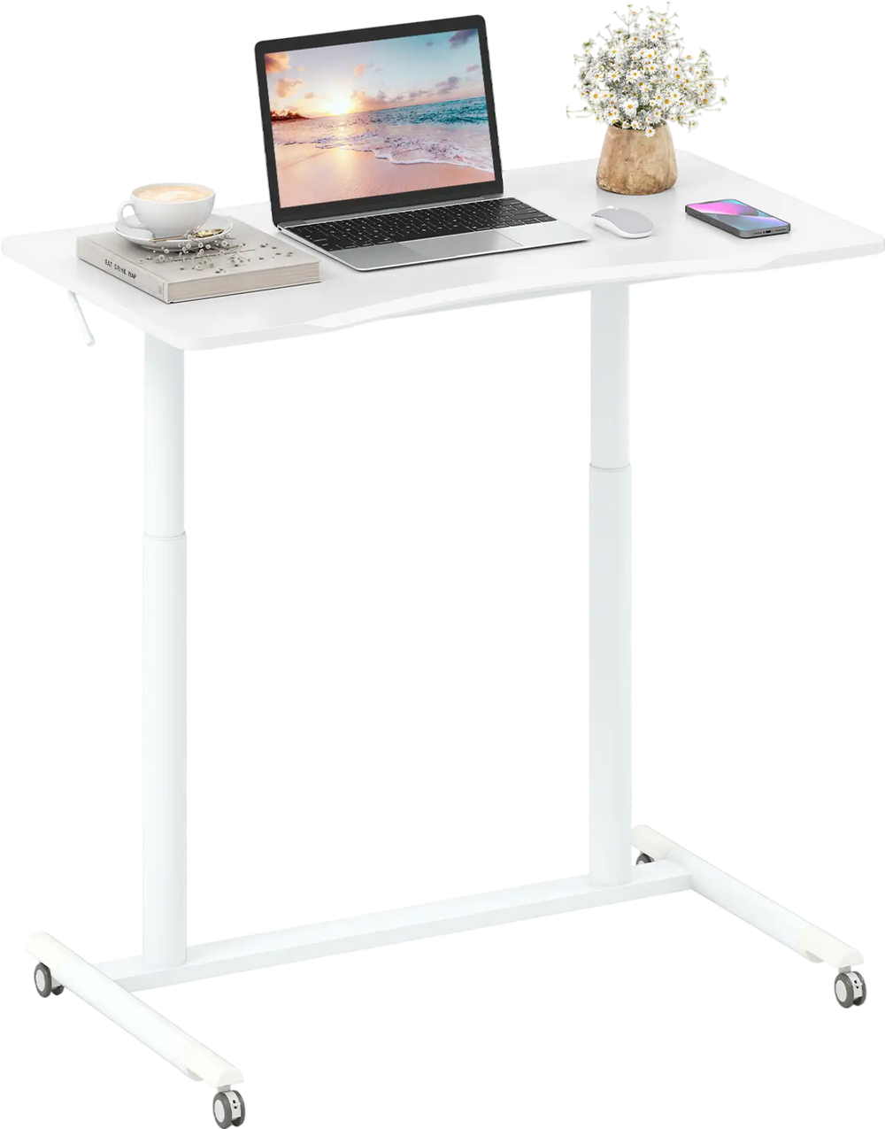 Height adjustable rolling computer desk with a sturdy MDF top and steel frame, perfect for versatile workspace use.