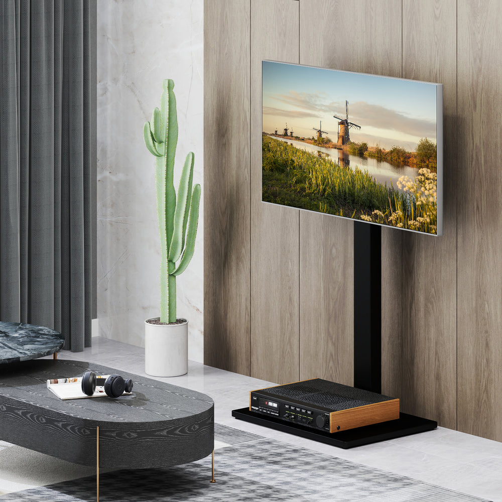 Height adjustable floor TV stand with AV shelf for 32-70 inch TVs, featuring a sturdy design and cable management.