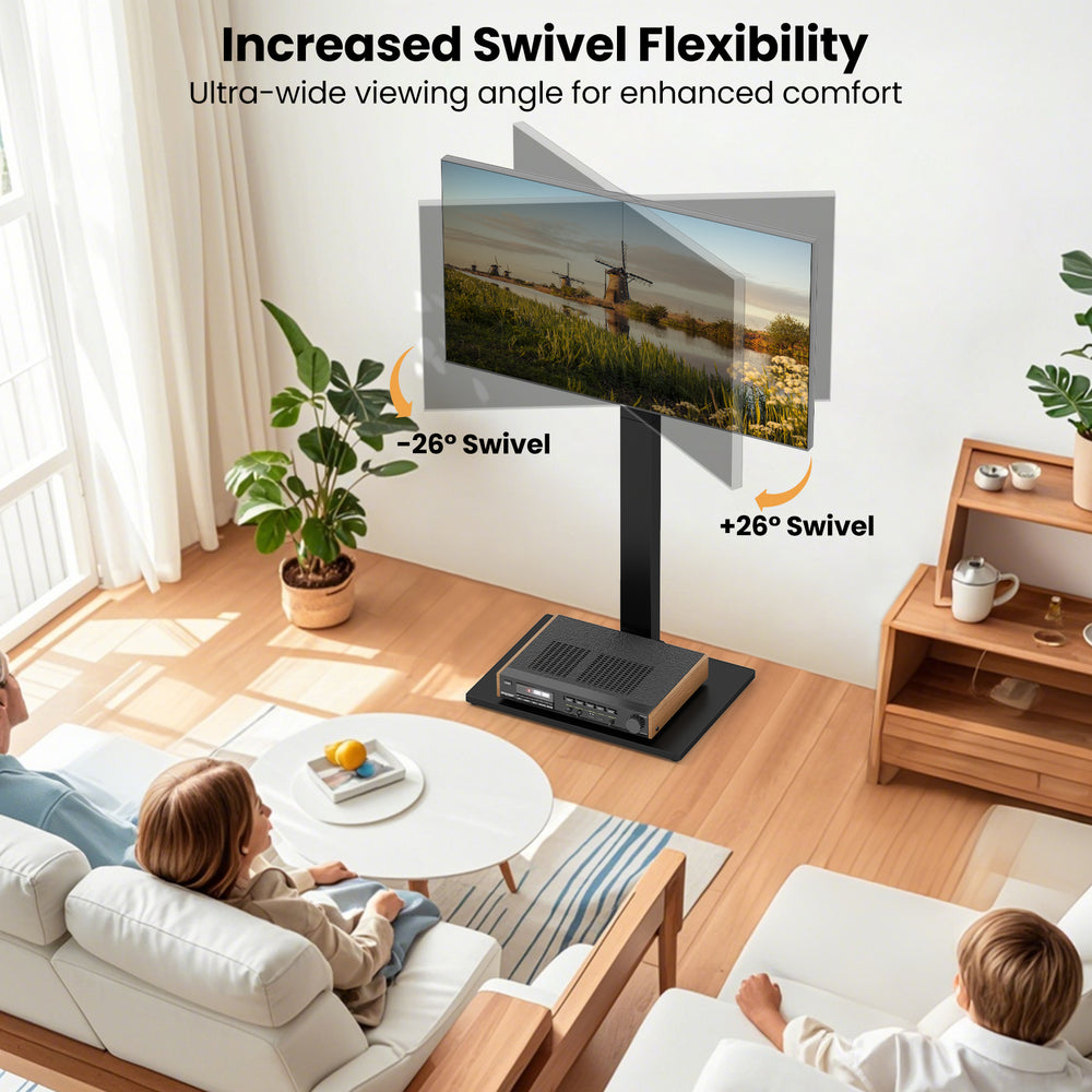 Height adjustable floor TV stand with AV shelf, suitable for 32-70 inch TVs, offers 26° swivel for optimal viewing.