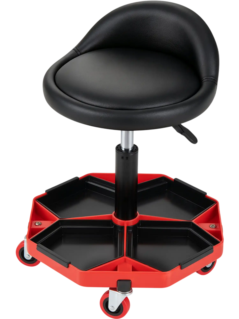 Height adjustable garage seat with a black PU leather cushion and detachable storage tray for tools, ideal for repairs.