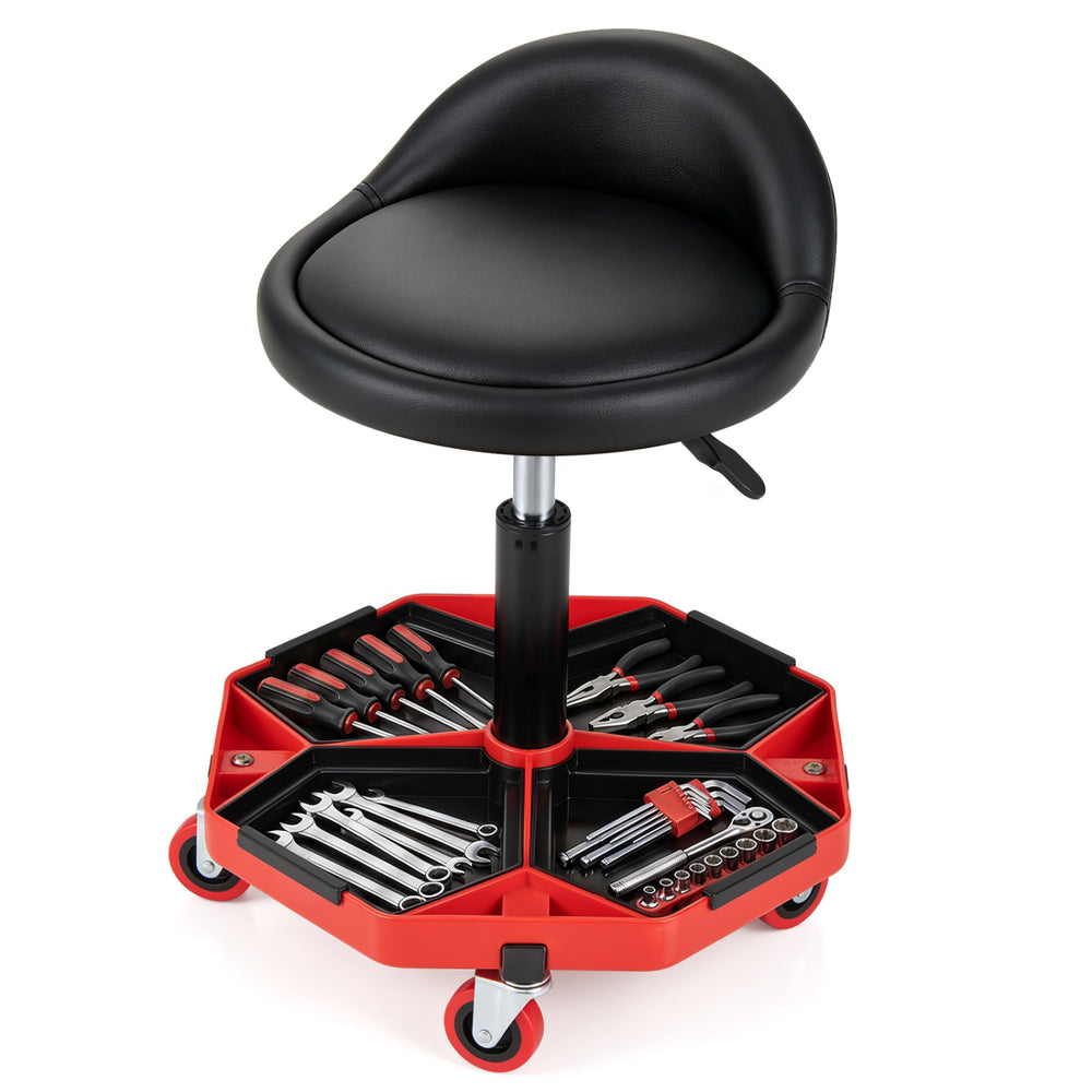 Height adjustable garage seat with a black PU leather cushion and detachable storage tray for organized tools.