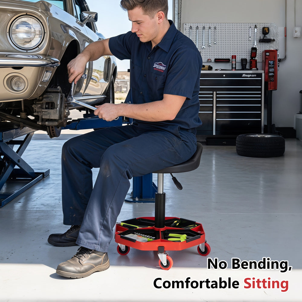 Height adjustable garage seat featuring a thick foam padded black-red cushion and ergonomic backrest for comfort during repairs.