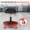 Height adjustable garage seat with a black-red PU leather cushion and 4 universal wheels for smooth movement and comfort.