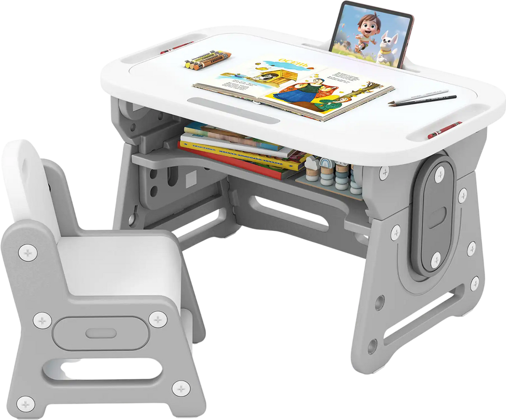 Height adjustable kids table and chair set in gray with tiltable whiteboard, ideal for drawing and studying in.