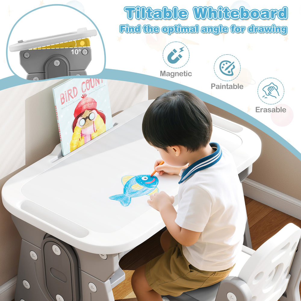 Height adjustable kids table with tiltable whiteboard, perfect for drawing and studying in a playroom or kid's room.