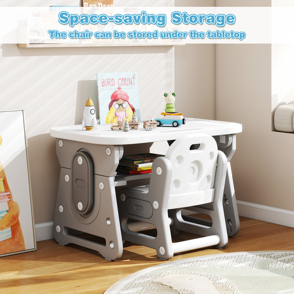 Height adjustable kids table and chair set in gray with tiltable whiteboard, perfect for playroom or study space.