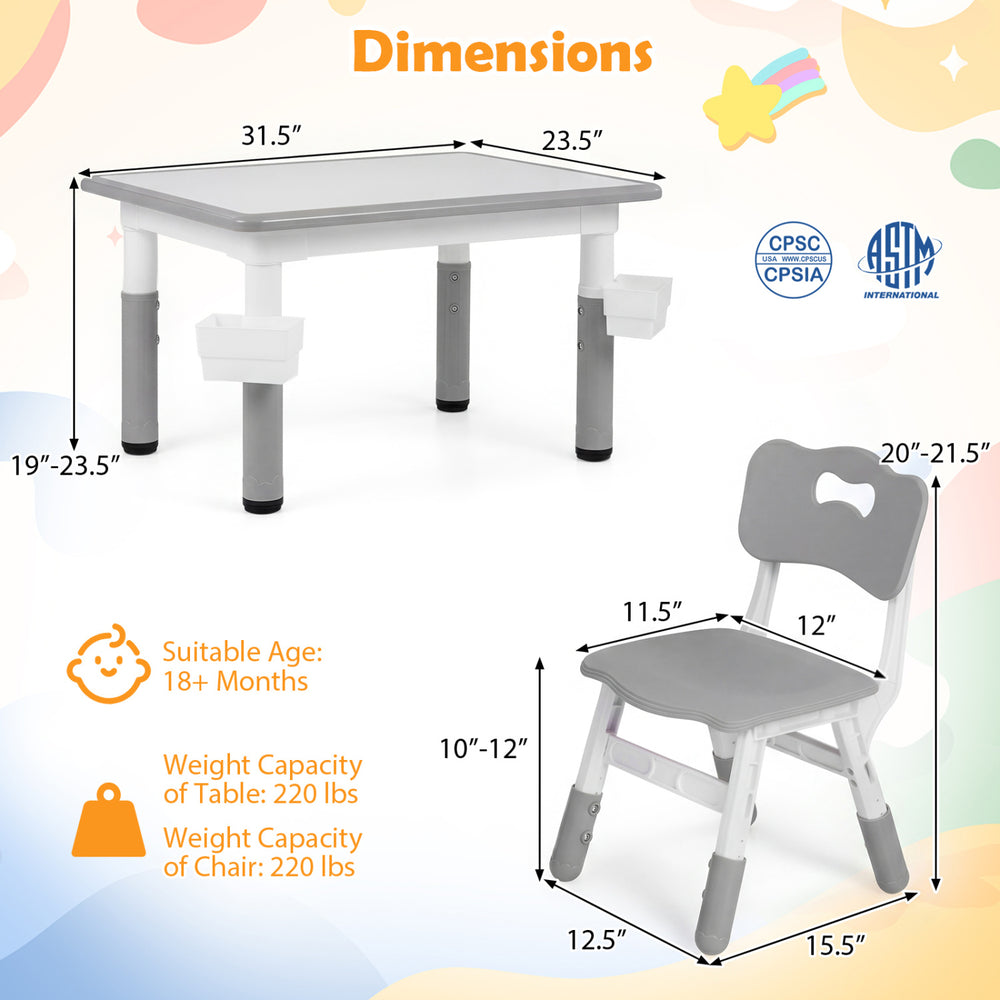 Height adjustable kids table and chair set in gray with graffiti desktop and two storage baskets for versatile activities.