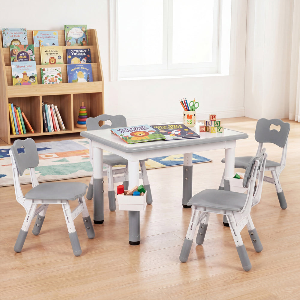 Height adjustable kids table and 4 chairs set with graffiti desktop and storage baskets for versatile play and study.