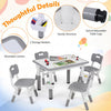 Height adjustable kids' table and 4 chairs set in gray with graffiti desktop and 2 storage baskets for versatile use.