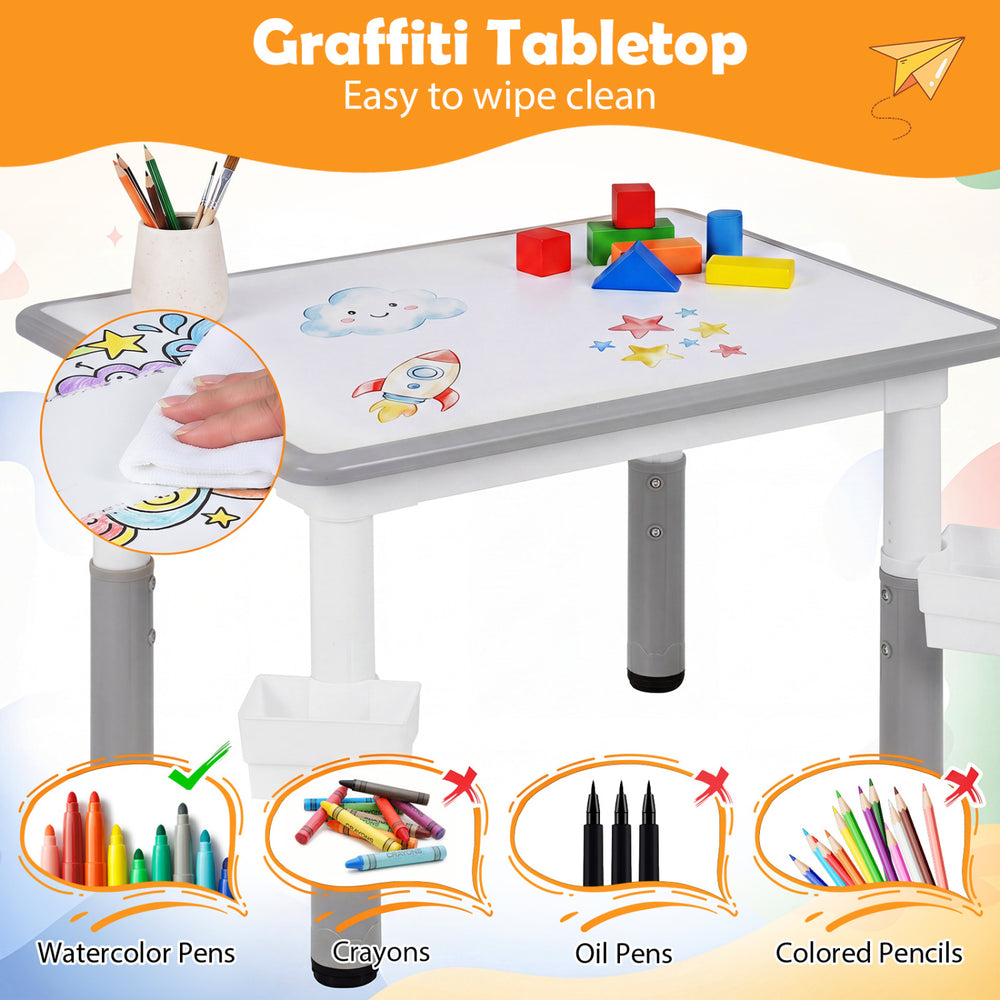 Height adjustable kids table with a graffiti desktop, perfect for drawing and activities, includes 4 chairs and storage baskets.