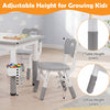 Height adjustable kids table and four chairs set in gray with graffiti desktop, ideal for drawing and studying.