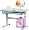 Height-adjustable kids desk in blue with tilt desktop and book stand, perfect for study and playroom use.