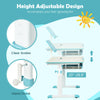 Height-adjustable kids desk in blue with tilt desktop, clear scales, and hand crank for easy height adjustment.