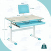 Height-adjustable kids desk in blue with tilt desktop, storage drawer, and safe rounded edges for versatile use.