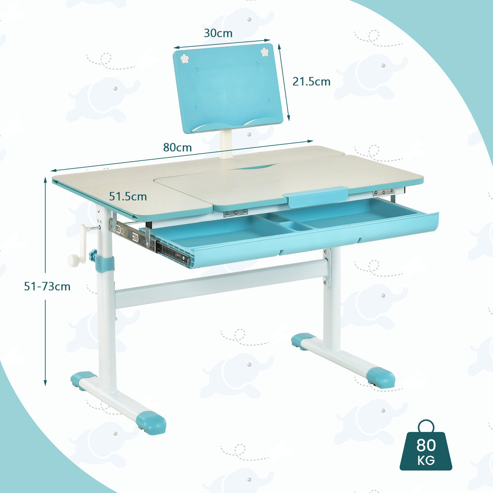 Height-adjustable kids desk in blue with tilt desktop, storage drawer, and safe rounded edges for versatile use.