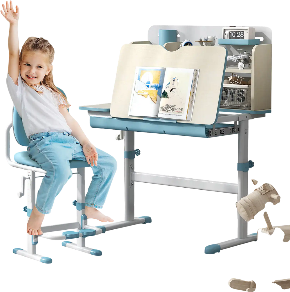 Height adjustable kids study desk in blue with tilt desktop, designed for ages 3-12, featuring a hutch and storage.