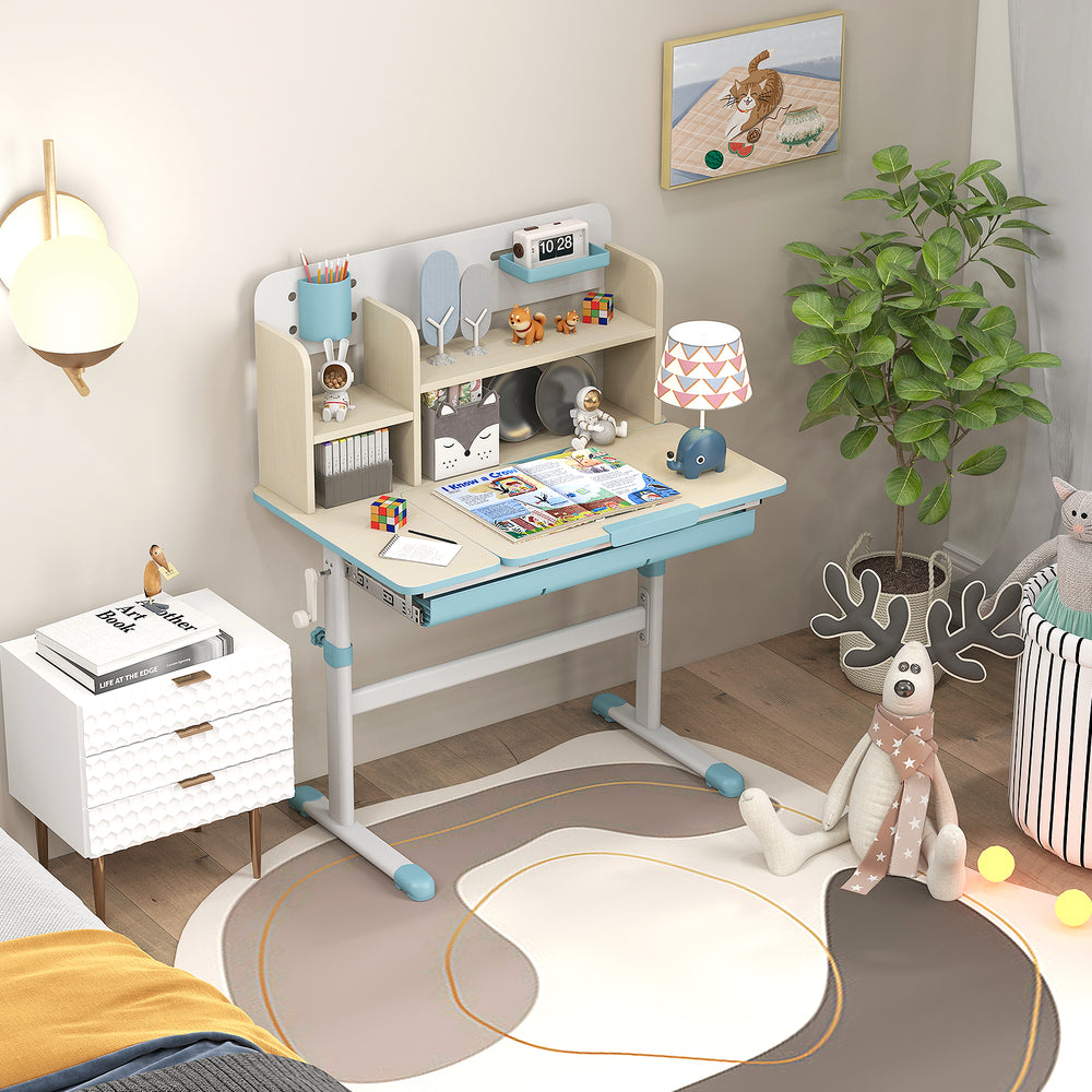 Height adjustable kids study desk in blue with a tilt desktop, hutch, and large drawer for organized study space.