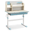 Height adjustable kids study desk in blue with tilt desktop, hutch, and large drawer for organized study space.