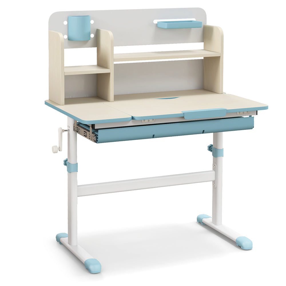 Height adjustable kids study desk in blue with tilt desktop, hutch, and large drawer for organized study space.