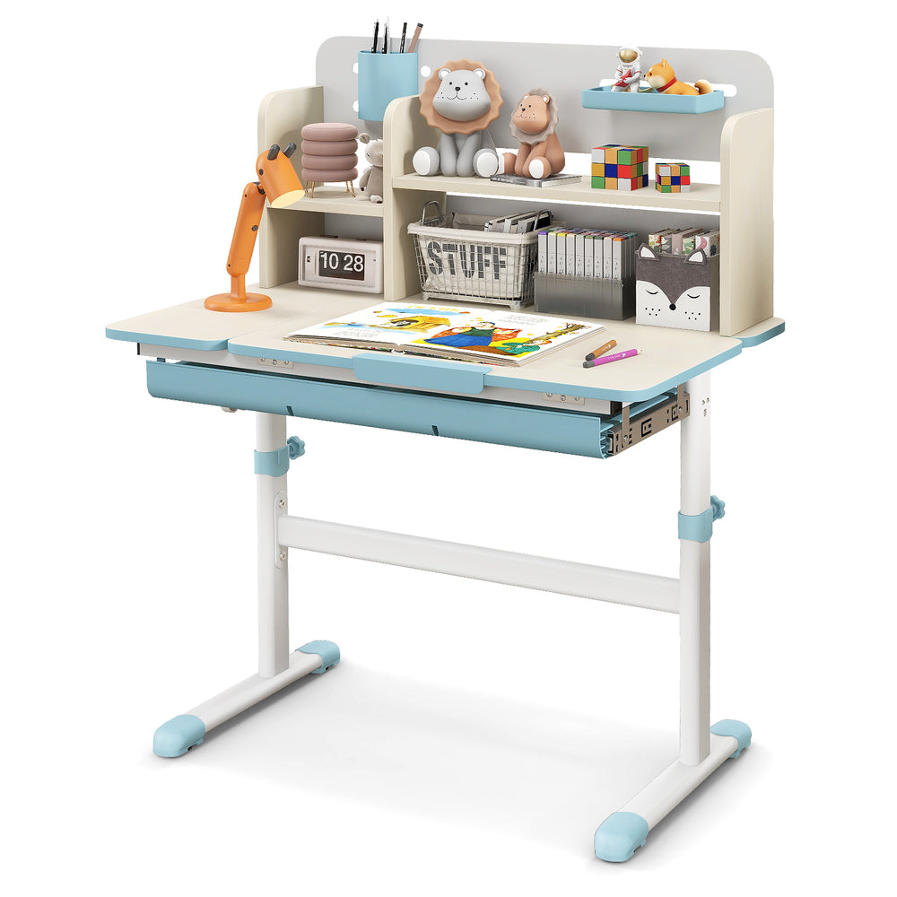 Height adjustable kids study desk in blue with tilt desktop, hutch, and large drawer for storage, ideal for ages 3-12.
