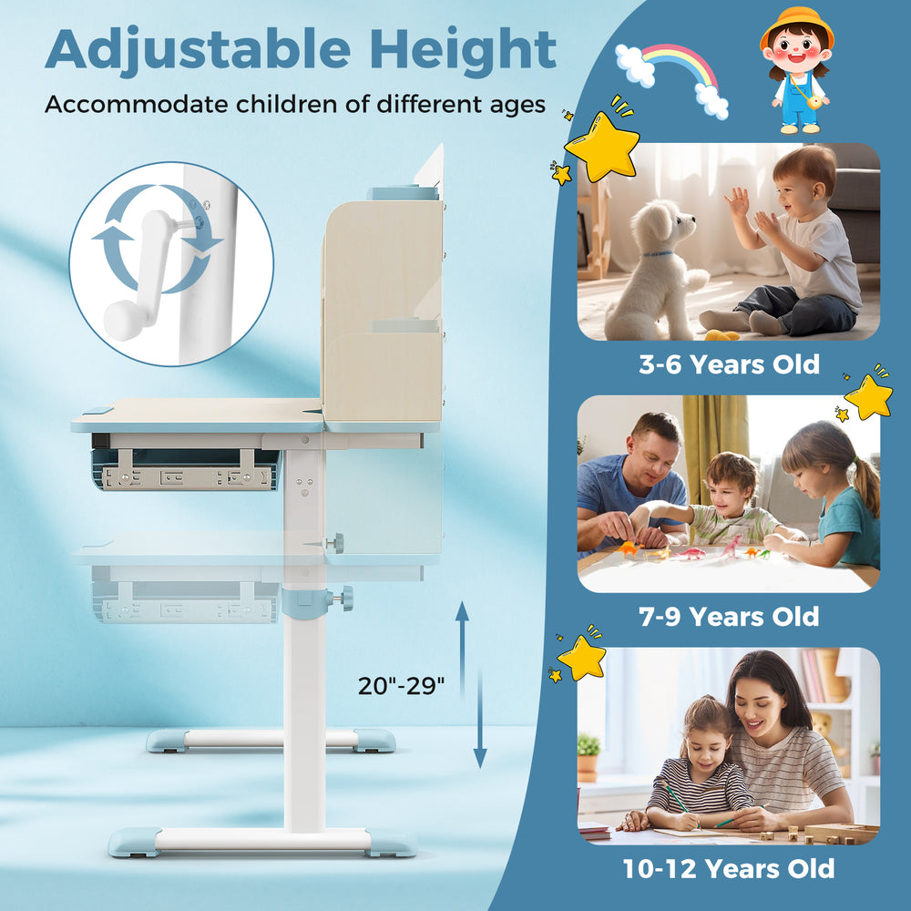 Height adjustable kids study desk in blue with tilt desktop, suitable for ages 3-12, featuring a large drawer and pen.