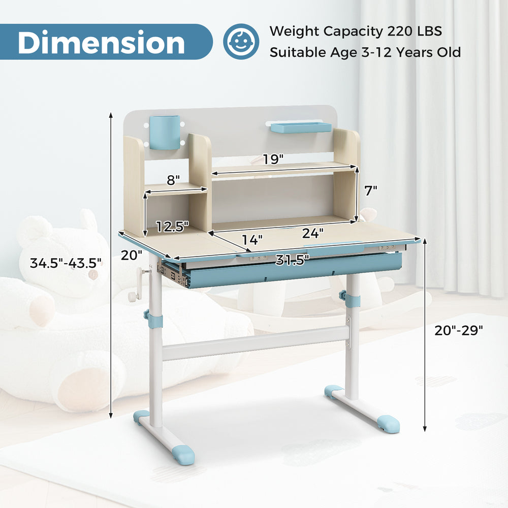 Height adjustable kids study desk in blue with tilt desktop, hutch, and large drawer for ages 3-12, ideal for study.