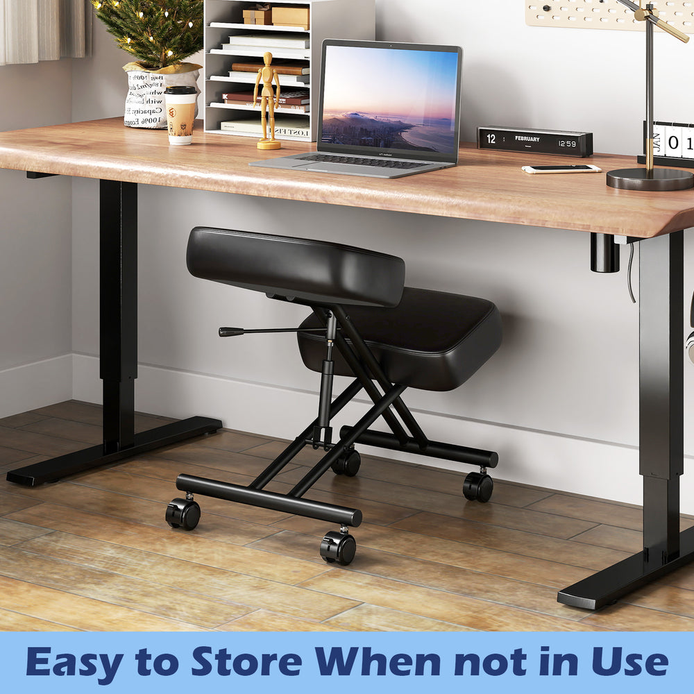 Height adjustable kneeling chair with thick padded cushions and lockable wheels, ideal for posture correction and easy.