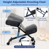 Height adjustable kneeling chair with thick padded cushions, stable triangle structure, and lockable wheels for posture.