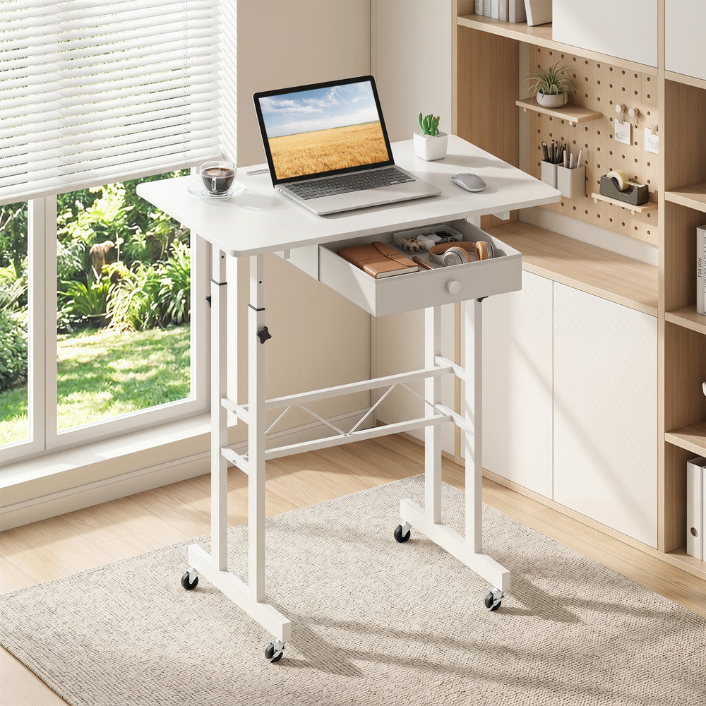 Height Adjustable Laptop Desk with Fabric Drawer Tablet Holder and Lockable Wheels-White - Gallery View 1 of 11