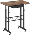 Height adjustable laptop desk in rustic brown with a fabric drawer, recessed tablet holder, and lockable wheels for mobility.
