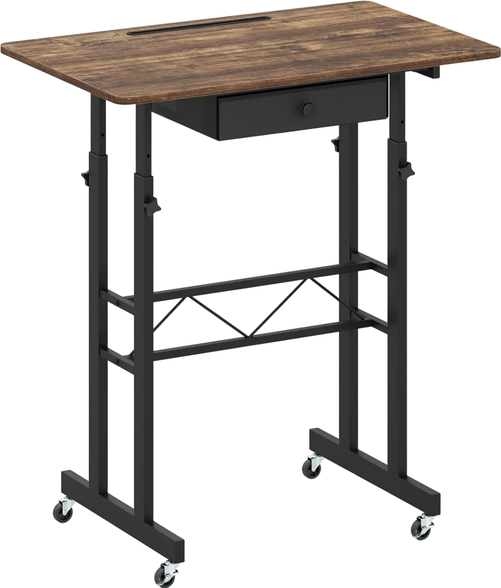Height adjustable laptop desk in rustic brown with a fabric drawer, recessed tablet holder, and lockable wheels for mobility.