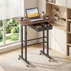 Height adjustable laptop desk in rustic brown with a fabric drawer, tablet holder, and lockable wheels for versatile workspace.